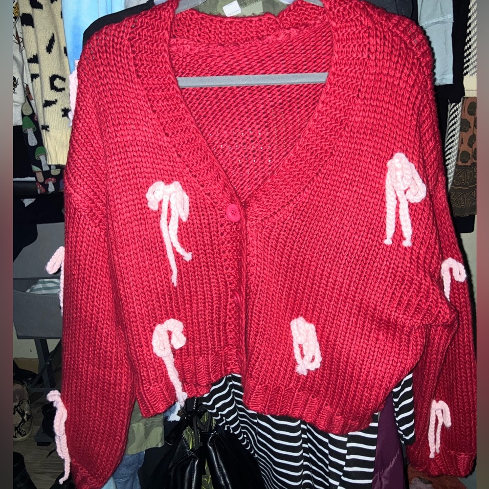 Cider Red Holiday Cardigan with Pink details
